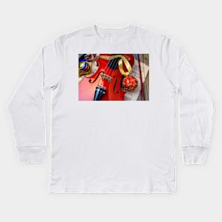 Red Ornament And Violin Kids Long Sleeve T-Shirt